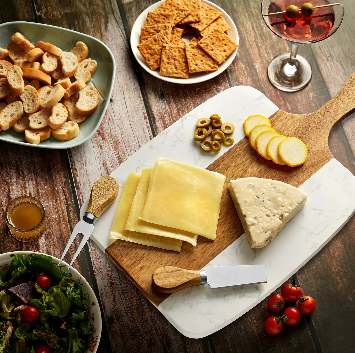 Personalized Marble and Acacia Serving Board with Utensils